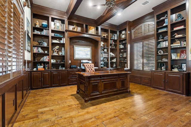 office area featuring beam ceiling and light wood-type flooring