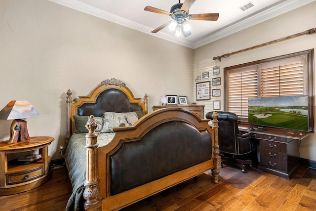 bedroom featuring ceiling fan, wood-type flooring, and crown molding