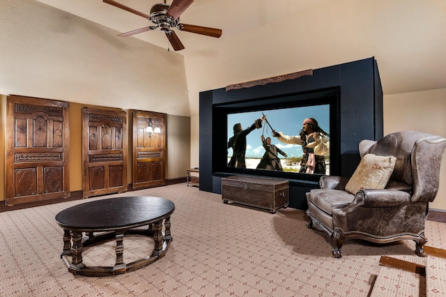 cinema room featuring carpet floors, ceiling fan, and lofted ceiling