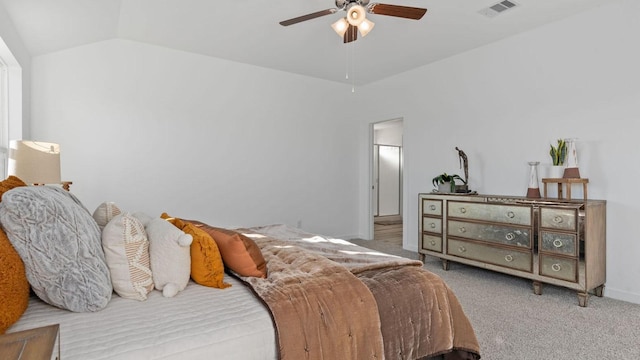 bedroom featuring carpet flooring, ceiling fan, and lofted ceiling