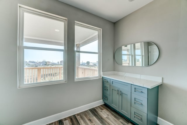 bathroom featuring vanity and hardwood / wood-style flooring