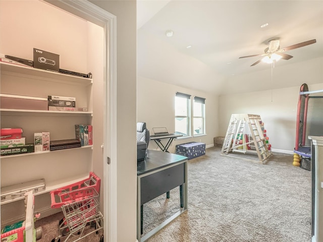 game room featuring ceiling fan, carpet floors, and lofted ceiling