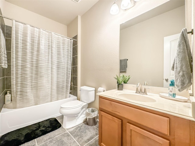 full bathroom with shower / bath combination with curtain, vanity, toilet, and tile patterned floors