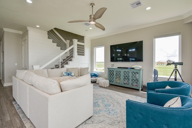 living room featuring ceiling fan, wood-type flooring, and ornamental molding