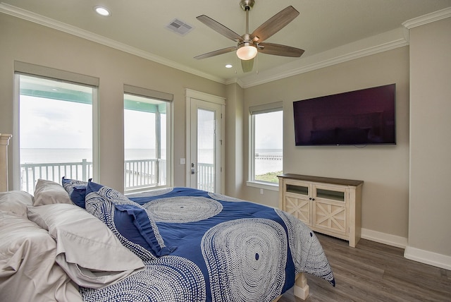 bedroom with access to outside, ceiling fan, crown molding, and a water view