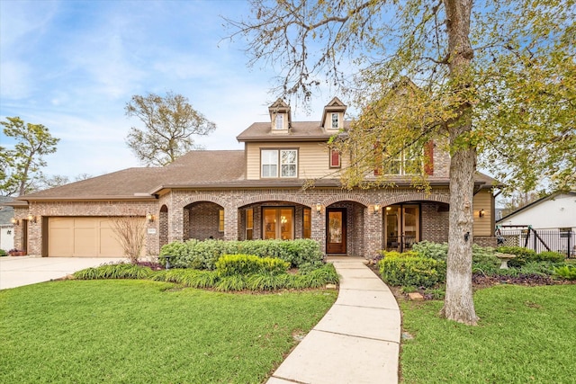 view of front of house featuring covered porch, a garage, and a front lawn