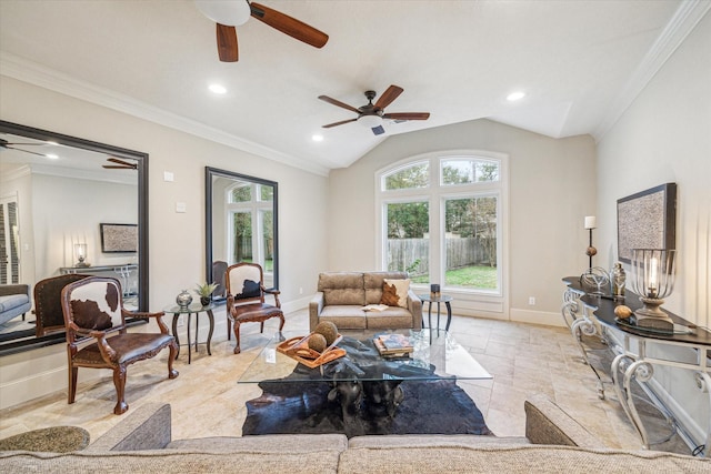 living room with ornamental molding and lofted ceiling