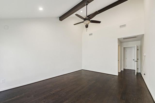 empty room featuring dark hardwood / wood-style flooring, beam ceiling, high vaulted ceiling, and ceiling fan