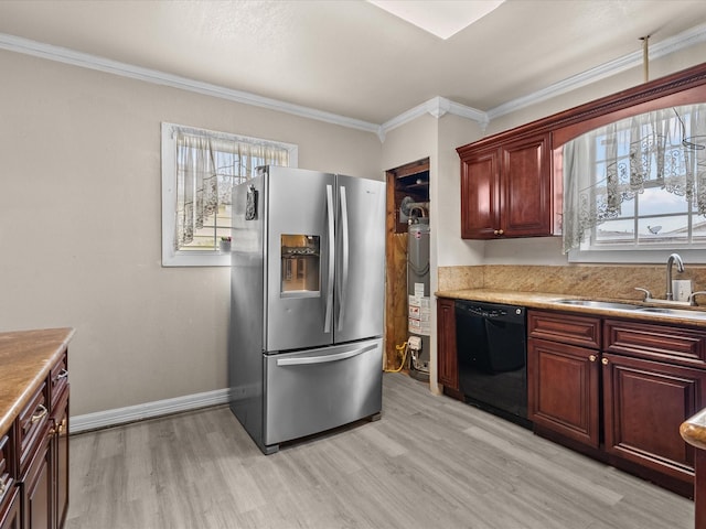 kitchen with gas water heater, crown molding, sink, dishwasher, and stainless steel fridge with ice dispenser