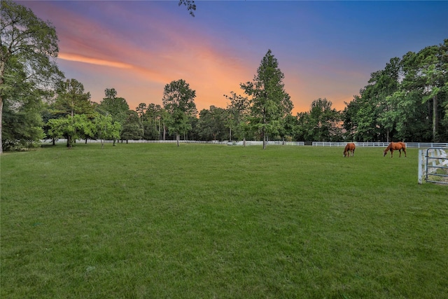 yard at dusk featuring a rural view