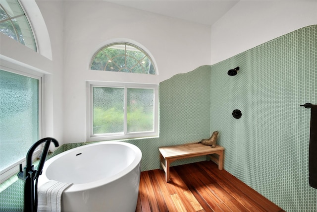 bathroom featuring hardwood / wood-style floors and plus walk in shower