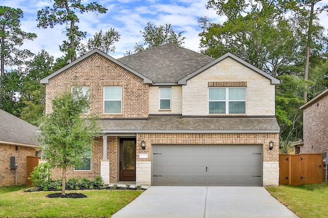 view of front facade with a garage and a front lawn