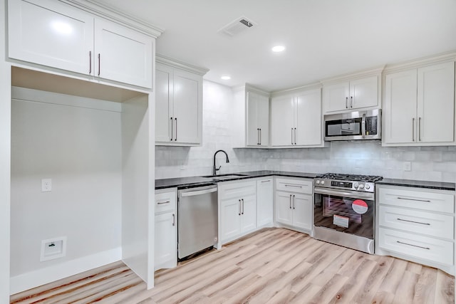 kitchen with decorative backsplash, sink, white cabinetry, and stainless steel appliances