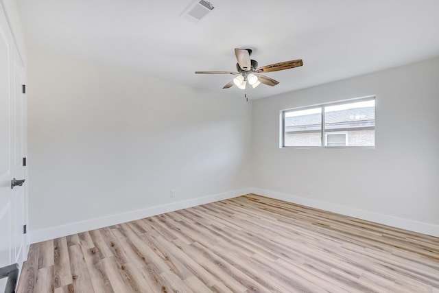 empty room with ceiling fan and light hardwood / wood-style floors