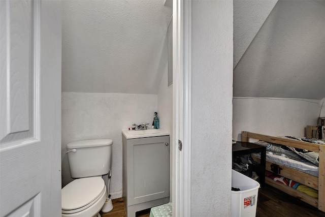 half bath featuring toilet, vanity, lofted ceiling, and wood finished floors