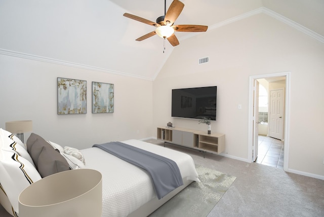 bedroom with ceiling fan, light carpet, and high vaulted ceiling