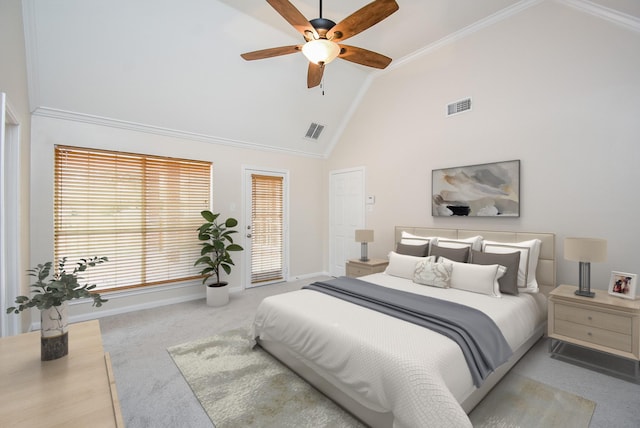 carpeted bedroom featuring high vaulted ceiling, ornamental molding, and ceiling fan