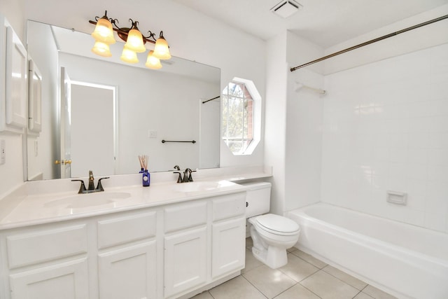 full bathroom with tile patterned flooring, vanity, toilet, and tiled shower / bath