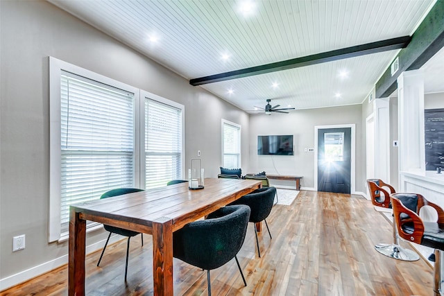 dining space with ceiling fan, beamed ceiling, wooden ceiling, and light wood-type flooring