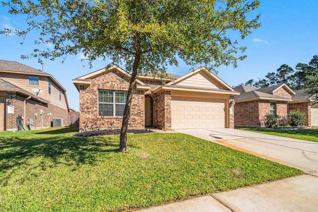 single story home featuring cooling unit, a front lawn, and a garage