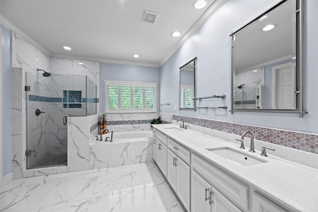 bathroom with crown molding, vanity, and independent shower and bath