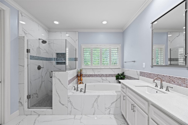 bathroom featuring shower with separate bathtub, vanity, and ornamental molding