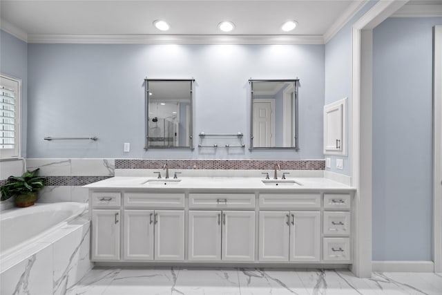 bathroom with vanity, separate shower and tub, and crown molding