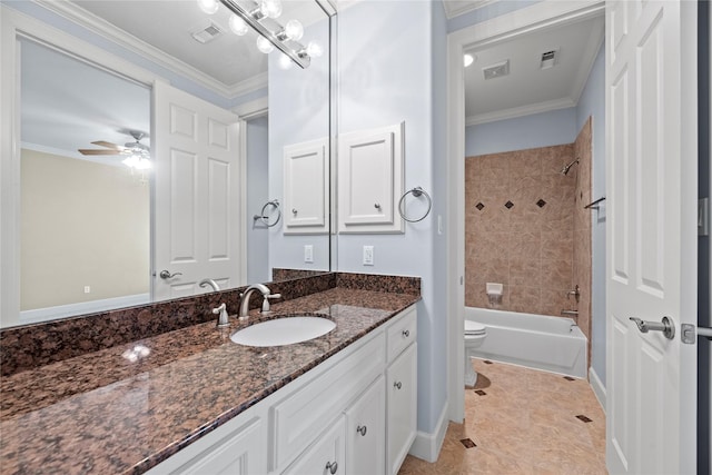 full bathroom featuring tile patterned floors, vanity, ceiling fan, crown molding, and tiled shower / bath