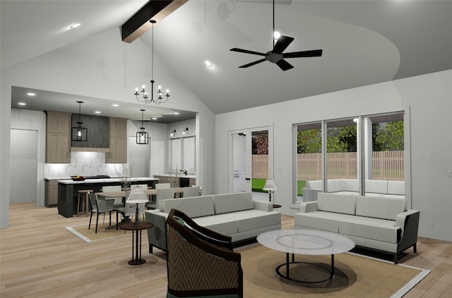 living room with beam ceiling, ceiling fan with notable chandelier, light hardwood / wood-style floors, and high vaulted ceiling