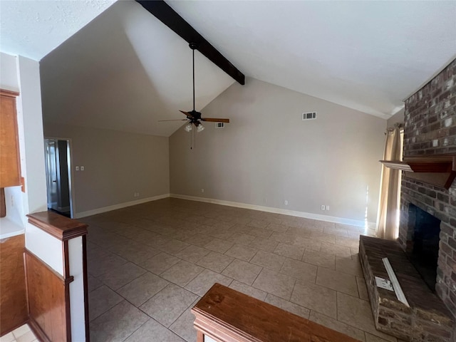 unfurnished living room with a fireplace, ceiling fan, light tile patterned floors, high vaulted ceiling, and beamed ceiling