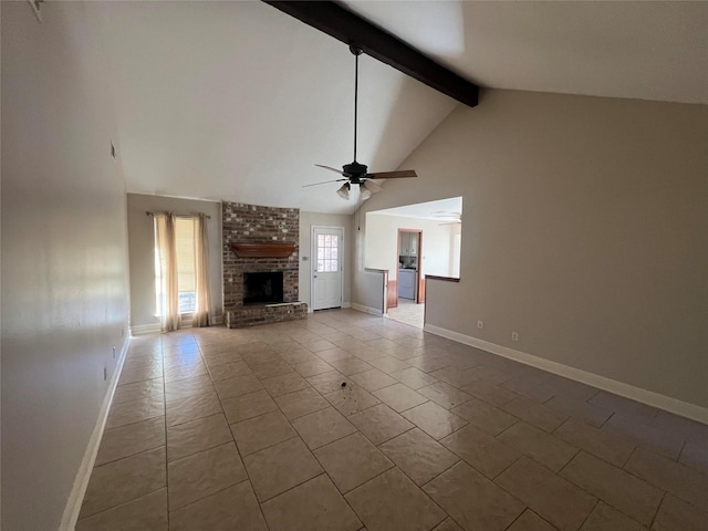 unfurnished living room featuring vaulted ceiling with beams, ceiling fan, light tile patterned flooring, and a brick fireplace