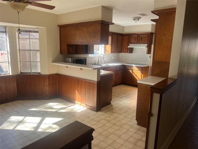 kitchen featuring kitchen peninsula, ceiling fan, a healthy amount of sunlight, sink, and wood walls