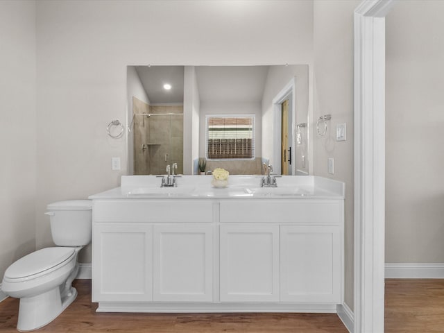 bathroom with vanity, toilet, a shower with shower door, and wood-type flooring