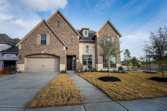 view of front facade featuring a front lawn and a garage