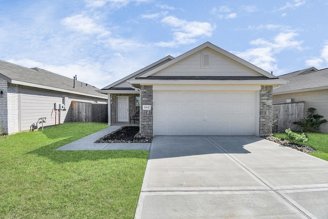 single story home featuring a garage and a front lawn