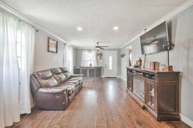 living room with a textured ceiling, dark hardwood / wood-style floors, ceiling fan, and crown molding