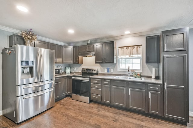 kitchen featuring dark wood-type flooring, sink, ornamental molding, a textured ceiling, and stainless steel appliances