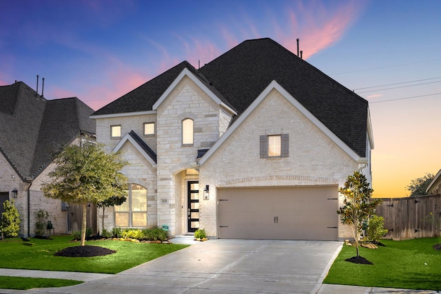 french provincial home with a yard and a garage