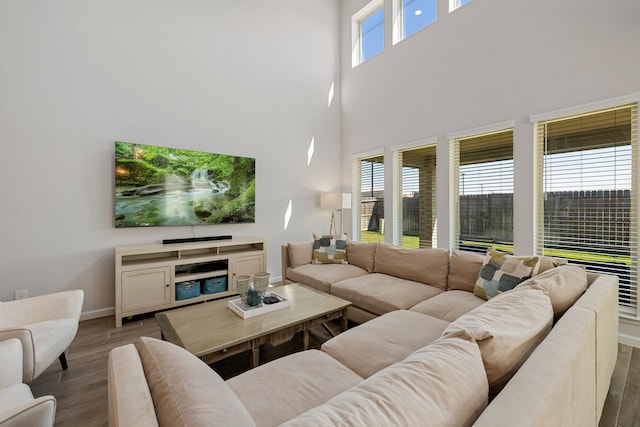 living room featuring a towering ceiling and a healthy amount of sunlight