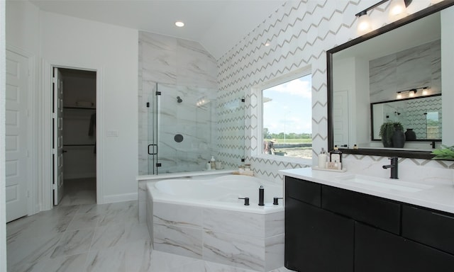 bathroom with vanity, plus walk in shower, and lofted ceiling