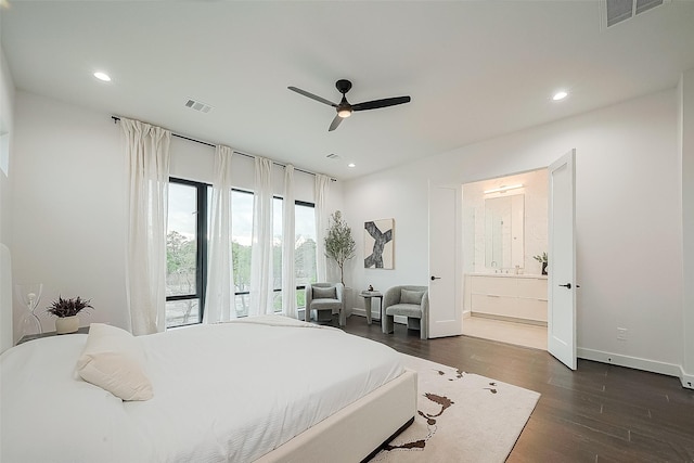 bedroom with ceiling fan, access to exterior, connected bathroom, and dark wood-type flooring