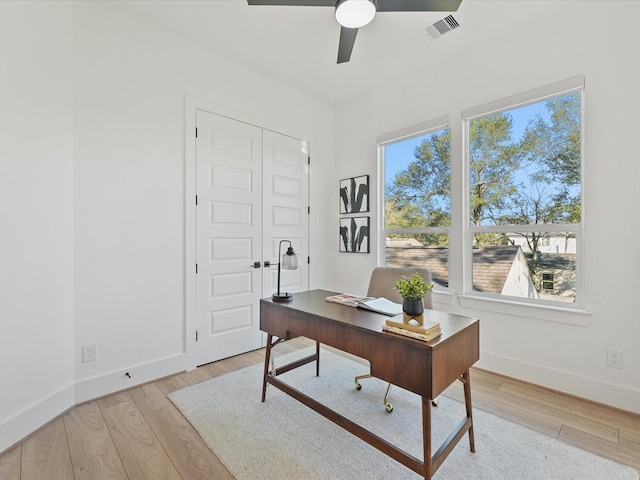 office featuring ceiling fan and light wood-type flooring