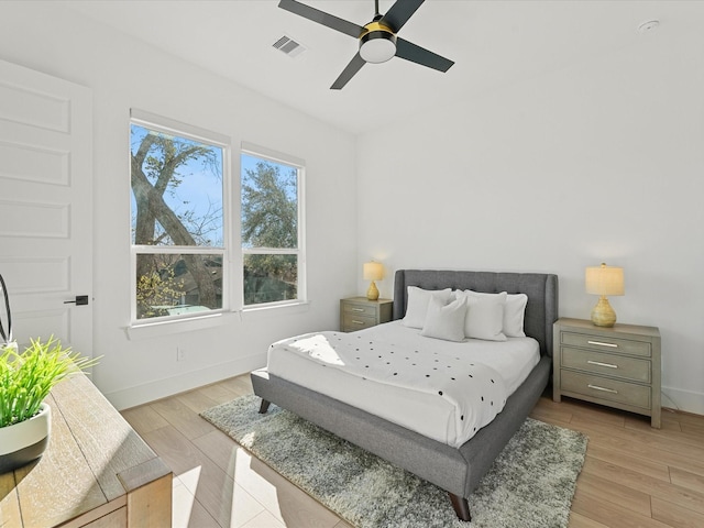 bedroom with ceiling fan and light wood-type flooring