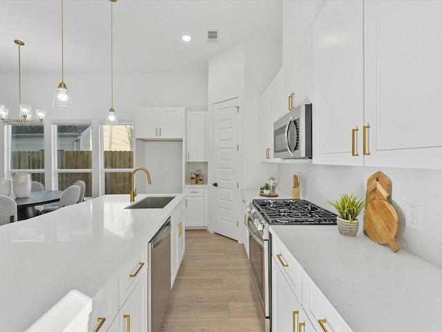 kitchen featuring white cabinets, sink, light wood-type flooring, decorative light fixtures, and stainless steel appliances