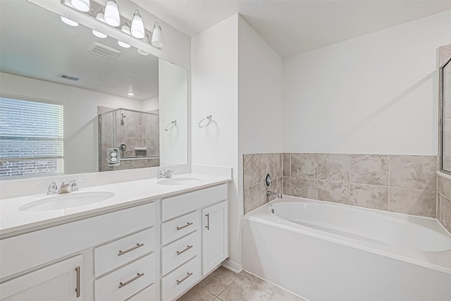 bathroom with separate shower and tub, tile patterned flooring, and vanity