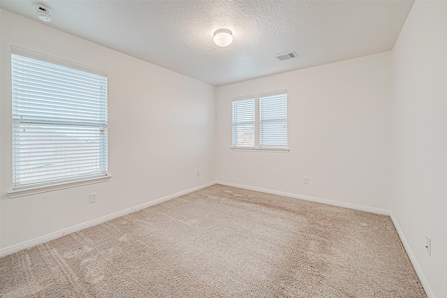 spare room with a textured ceiling and light carpet