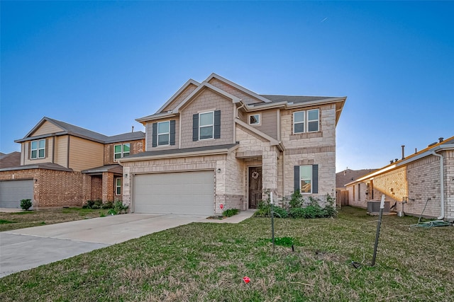 view of front of house featuring a garage, central air condition unit, and a front yard