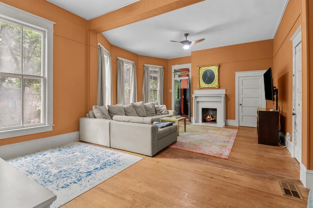 living room with light hardwood / wood-style flooring and ceiling fan