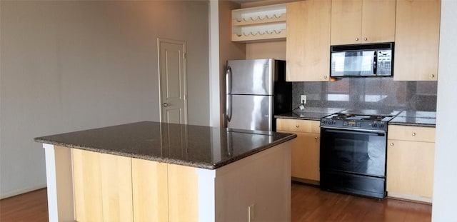 kitchen with light brown cabinets, dark hardwood / wood-style floors, decorative backsplash, a kitchen island, and black appliances