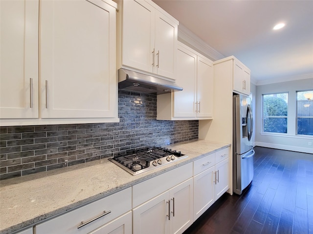 kitchen with white cabinets, crown molding, stainless steel refrigerator with ice dispenser, light stone counters, and gas cooktop